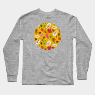 Fall leaves and acorns on yellow Long Sleeve T-Shirt